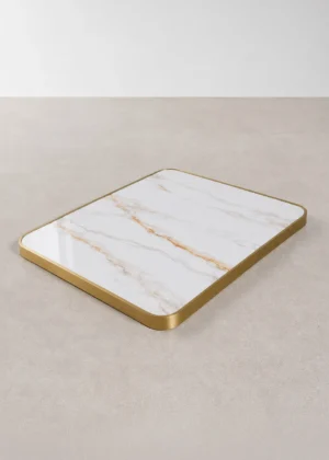 Tablero mesa cuadrado piedra sinterizada marmol blanco con sillas