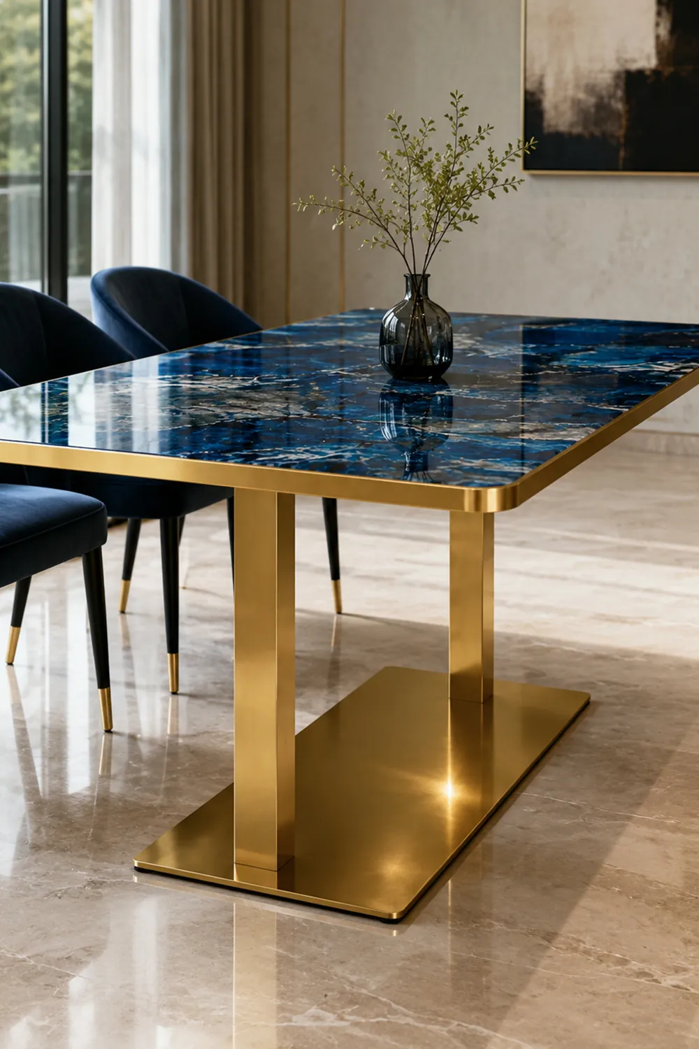 mesa comedor tablero mesa piedra sinterizada marmol azul rectangular