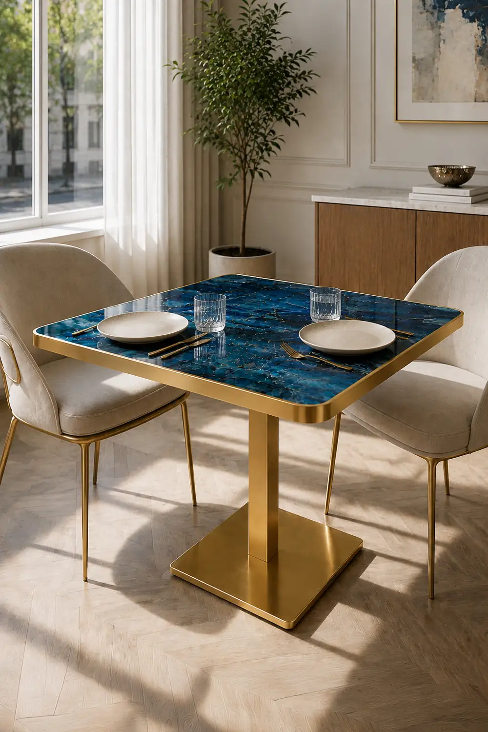 mesa pie central tablero piedra sinterizada marmol azul canto oro