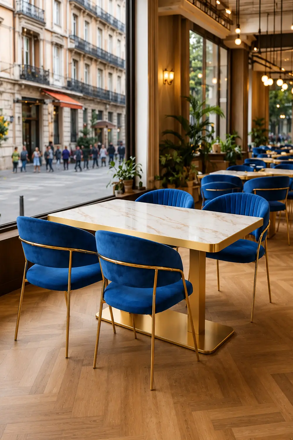 sillas tapizadas y mesa tablero piedra sinterizada marrmol blanco