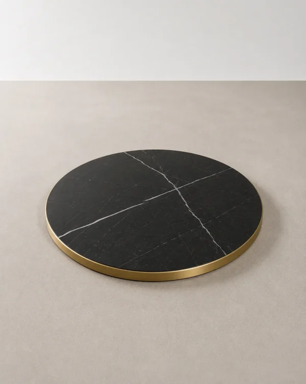 Plateau rond pour table en stratifié imitation marbre noir, chant doré