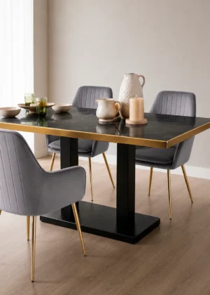 Mesa de Comedor Rectangular Dorada Royal Mármol Negro