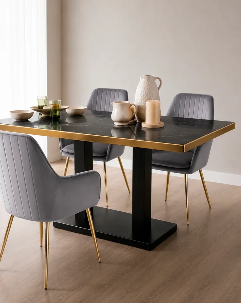 Mesa de Comedor Rectangular Dorada Royal Mármol Negro