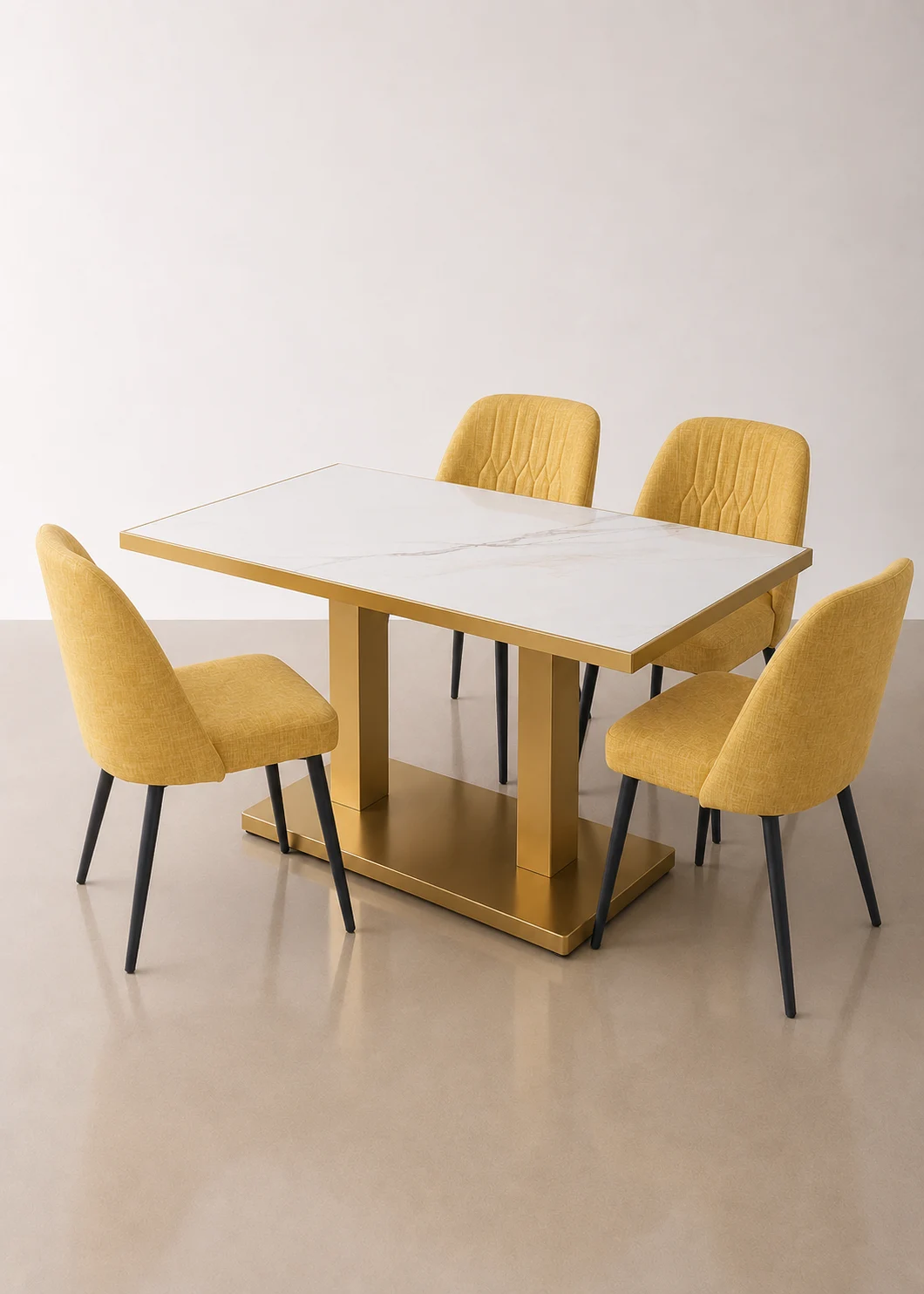 mesa comedor dorada y sillas tapizadas