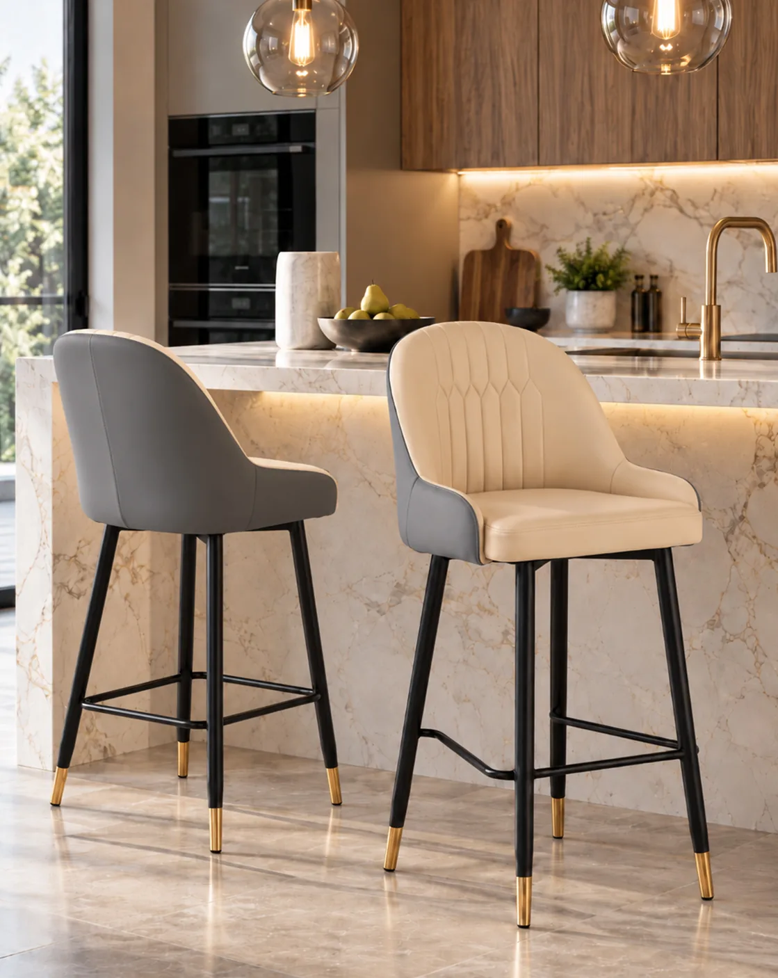 taburete alto beige tapizado